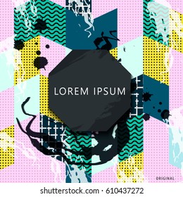 Trendy multicolor artistic background with dotes and stroke texture. Bright and high contrast backdrop for  posters, banners, cards and web design.