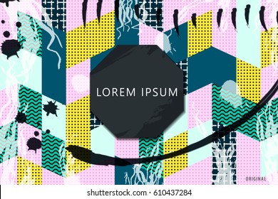 Trendy multicolor artistic background with dotes and stroke texture. Bright and high contrast backdrop for  posters, banners, cards and web design.