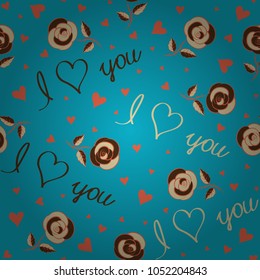Trendy multicolor heart pattern for fabric, textile or wrapping. Abstract cute heart pattern with hand drawn hearts, love text, flower and letter in blue, orange and beige colors.