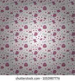 Trendy multicolor heart pattern for fabric, textile or wrapping. Abstract cute heart pattern with hand drawn hearts, love text, flower and letter in violet, white and pink colors.