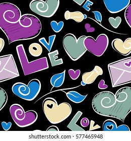 Trendy multicolor heart pattern for fabric, wrapping paper, cards on black background. Abstract cute heart pattern with hand drawn hearts, love text, letter and rose flower in blue and purple colors.