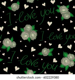 Trendy multicolor heart pattern for fabric, textile or wrapping on black backdrop. Abstract cute heart pattern with hand drawn hearts, love text, letter and rose flower in green and neutral colors.