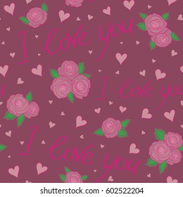 Trendy multicolor heart pattern for fabric, textile or wrapping. Abstract cute heart pattern with hand drawn hearts, love text, flower and letter in purple and magenta colors.
