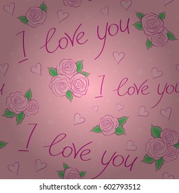 Trendy multicolor heart pattern for fabric, textile or wrapping. Abstract cute heart pattern with hand drawn hearts, love text, flower in magenta colors.
