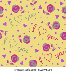 Trendy multicolor heart pattern for fabric, textile or wrapping on yellow backdrop. Abstract cute heart pattern with hand drawn hearts, flower, love text and letter.