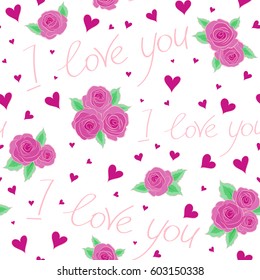 Trendy multicolor heart pattern for fabric, textile or wrapping on white backdrop. Abstract cute heart pattern with hand drawn hearts, love text, and rose flower in magenta colors.