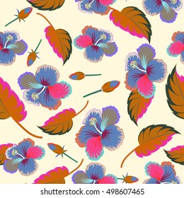 Trendy multicolored seamless floral pattern. Vector illustration with many multicolor flowers on neutral background.