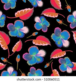 Trendy multicolored seamless floral pattern. Vector illustration with many multicolor flowers on black background.