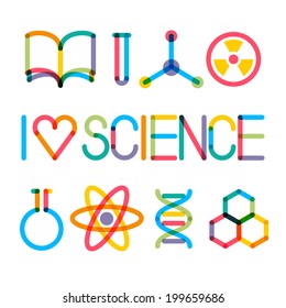 Trendy multiply science icons and phrase "I love science"