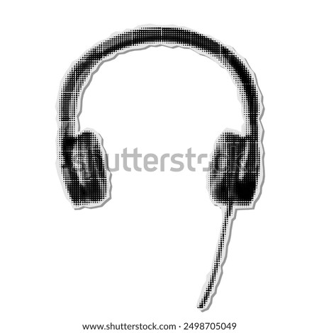 Trendy music paper collage element. Vintage halftone headphones. Modern retro grunge vector illustration on transparent background