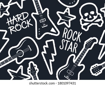 Trendy musical seamless pattern with guitars, skull and crossbones and other rock music symbols for teenage clothes design. Seamless rock music background