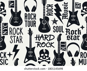 Trendy musical seamless pattern with guitars, skull and crossbones and other rock music symbols. Seamless rock music background