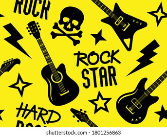 Trendy musical nahtlos Muster mit Gitarren, Schädel und Kreuzknochen und anderen Rockmusiksymbolen. Nahtlose Rockmusik, Hintergrund