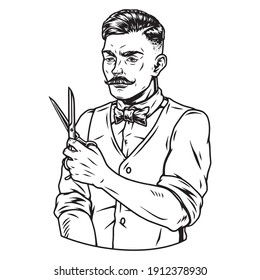 Trendy mustached barber man holding scissors in vintage monochrome style isolated vector illustration