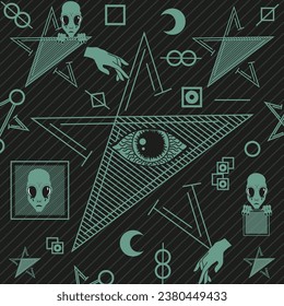 Trendy Mystical neo geo art in style Tarot cards. Masonic symbol. Geometric surrealism modern artwork with Alien. Contemporary design for t-shirt notebook print. Vector illustration in retro style.