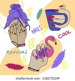 Trendy nails, manicure collection, red polish, nail design, doodle style sketch