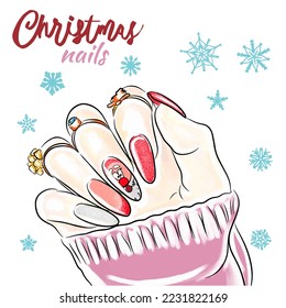 Trendy nails with Santa, hand drawn Christmas nails, manicure on the background of snowflakes