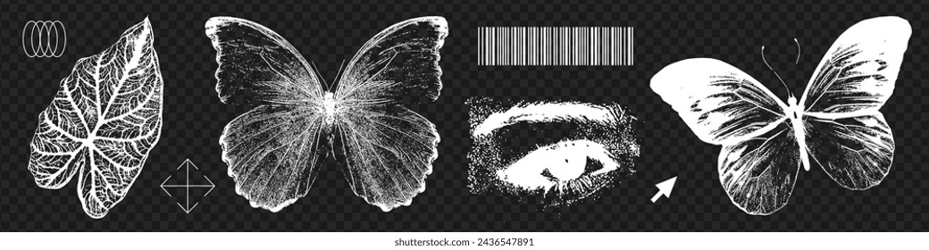 Trendy natural elements collection with a retro photocopy effect. Negative images of butterflies, leaf, eye. Y2k elements for design. Grain effect and stippling. Vector dotted brutal illustration.