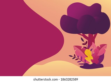 Trendy natural horizontal background with gradient colored lush tropical vegetation, exotic leaves or jungle foliage and place for text. Cartoon style. Illustration for web pages ads posters flyer.