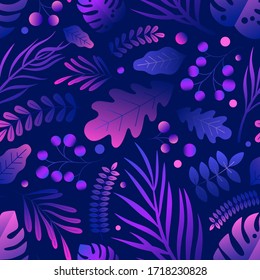 Trendy natural seamless patern with gradient purple tropical foliage. Gorgeous elegant endless background with exotic leaves. Colorful summer pattern. Vector illustration