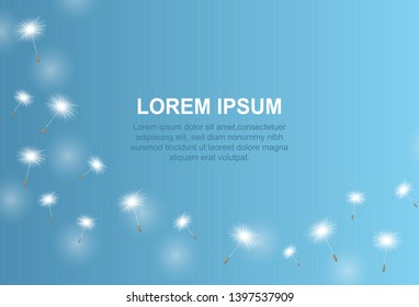 Trendy nature background blue with dandelion blowing seeds. Floral wallpaper with summer or spring flower and flying fluff. Stylish backdrop. Vector illustration
