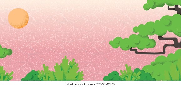 Fondo natural moderno, árboles texturados, sol y montañas salpicadas. Banderas de vector abstractas decorativas con un lugar vacío para el texto. Paisaje oriental