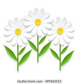 Fondo natural moderno con tres hojas de papel de corte en forma de manzanilla 3D. Flores estilizadas de verano aisladas sobre blanco. Papel moderno y elegante en las paredes. Elementos de diseño floral. Ilustración del vector