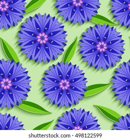Trendy nature green seamless pattern with 3d cutting paper cornflowers and leaves. Floral bright background with summer flowers. Modern stylish wallpaper. Vector illustration