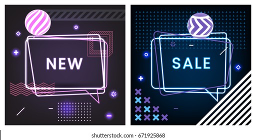 Trendy Neon Abstract Geometric Vector Bubbles. New and Sale. Vivid Transparent Banners in Retro Poster Design Style. Vintage Colors and Shapes in Memphis Style. Blue and Violet colors.