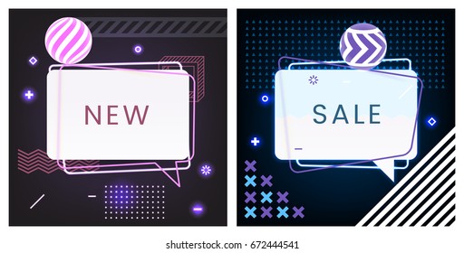 Trendy Neon Abstract Geometric Vector Bubbles. New and Sale. Vivid Transparent Banners in Retro Poster Design Style. Vintage Colors and Shapes in Memphis Style. Blue and Violet colors.