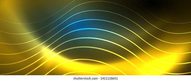 Trendy neon blue abstract design with waves and circles. Neon light glowing effect. Abstract digital background. Vector
