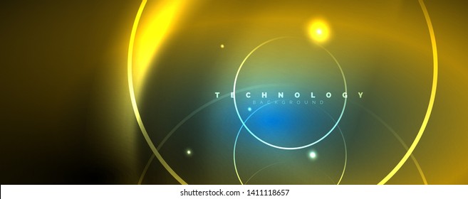 Trendy neon blue abstract design with waves and circles. Neon light glowing effect. Abstract digital background. Vector