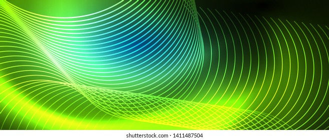 Trendy neon blue abstract design with waves and circles. Neon light glowing effect. Abstract digital background. Vector