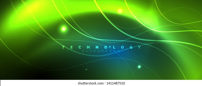 Trendy neon blue abstract design with waves and circles. Neon light glowing effect. Abstract digital background. Vector