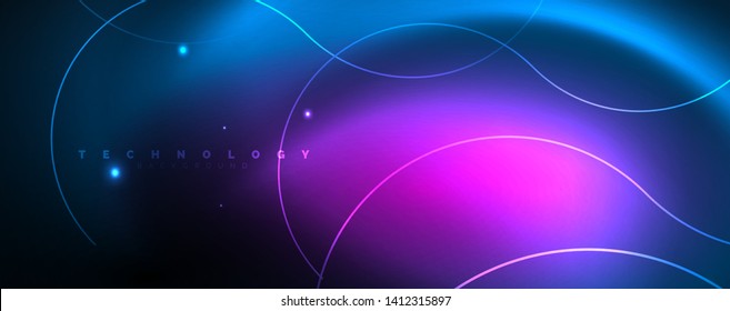 Trendy neon blue abstract design with waves and circles. Neon light glowing effect. Abstract digital background. Vector