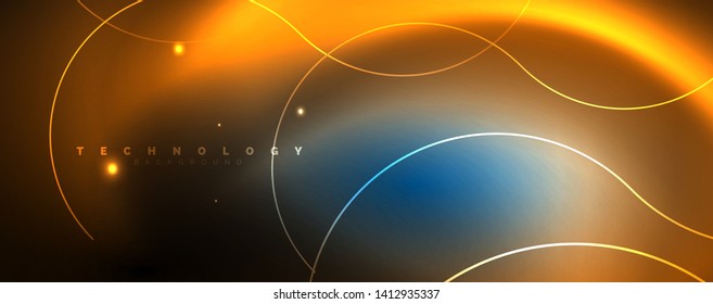 Trendy neon blue abstract design with waves and circles. Neon light glowing effect. Abstract digital background. Vector