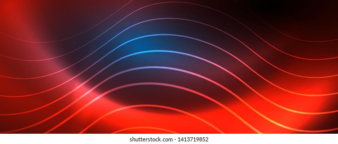Trendy neon blue abstract design with waves and circles. Neon light glowing effect. Abstract digital background. Vector