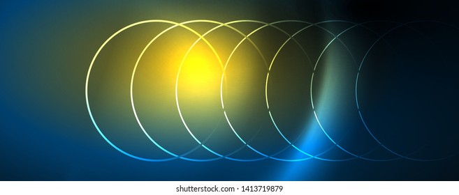 Trendy neon blue abstract design with waves and circles. Neon light glowing effect. Abstract digital background. Vector