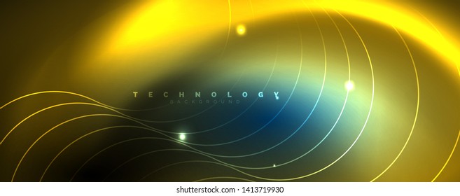 Trendy neon blue abstract design with waves and circles. Neon light glowing effect. Abstract digital background. Vector