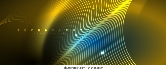 Trendy neon blue abstract design with waves and circles. Neon light glowing effect. Abstract digital background. Vector