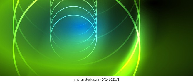 Trendy neon blue abstract design with waves and circles. Neon light glowing effect. Abstract digital background. Vector