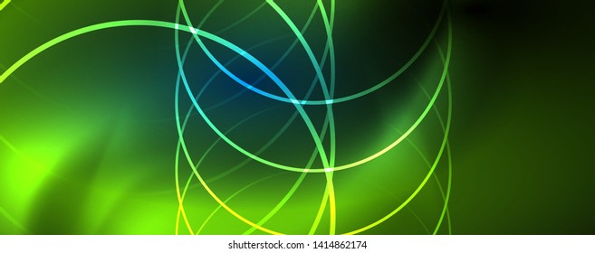 Trendy neon blue abstract design with waves and circles. Neon light glowing effect. Abstract digital background. Vector