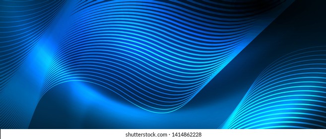 Trendy neon blue abstract design with waves and circles. Neon light glowing effect. Abstract digital background. Vector