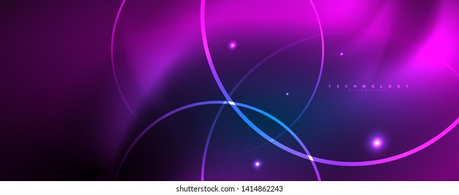 Trendy neon blue abstract design with waves and circles. Neon light glowing effect. Abstract digital background. Vector