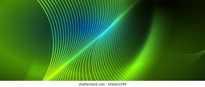Trendy neon blue abstract design with waves and circles. Neon light glowing effect. Abstract digital background. Vector