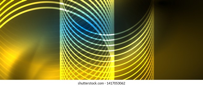 Trendy neon blue abstract design with waves and circles. Neon light glowing effect. Abstract digital background. Vector