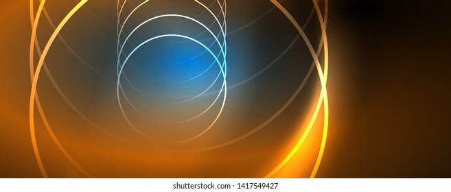Trendy neon blue abstract design with waves and circles. Neon light glowing effect. Abstract digital background. Vector