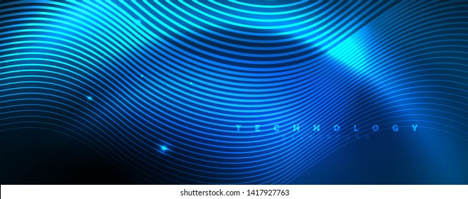 Trendy neon blue abstract design with waves and circles. Neon light glowing effect. Abstract digital background. Vector