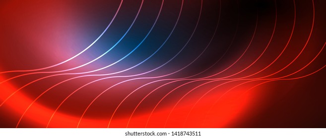 Trendy neon blue abstract design with waves and circles. Neon light glowing effect. Abstract digital background. Vector