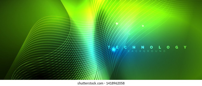 Trendy neon blue abstract design with waves and circles. Neon light glowing effect. Abstract digital background. Vector